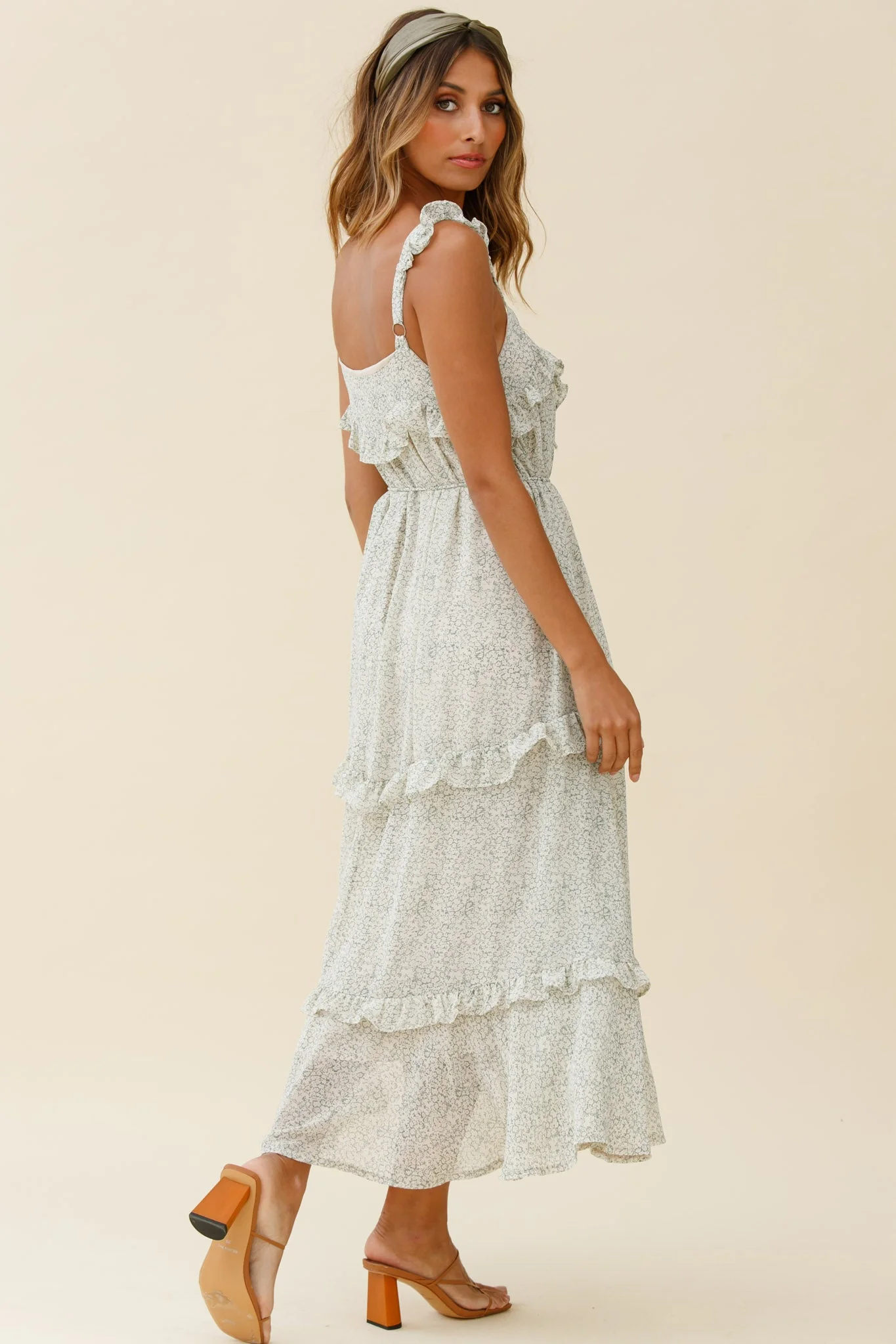 Priscilla Tied Bust Frill Detail Maxi Dress Floral Print Olive - Image 2