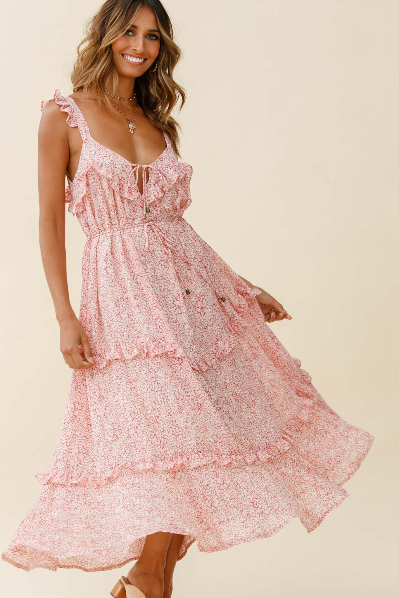 Priscilla Tied Bust Frill Detail Maxi Dress Floral Print Red - Image 5