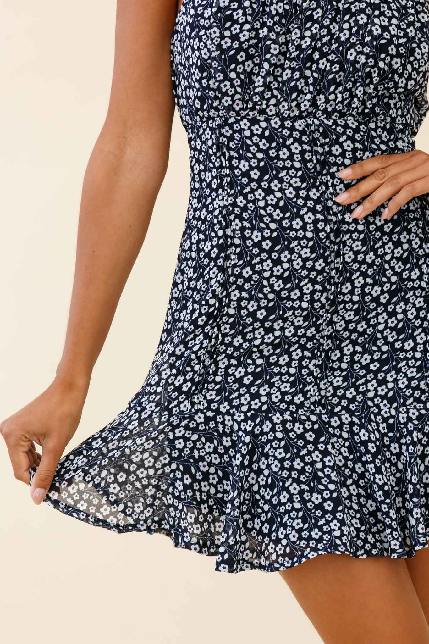 Promise Me Ruched Bust Pintuck Pleat Detail Dress Floral Print Navy - Image 4