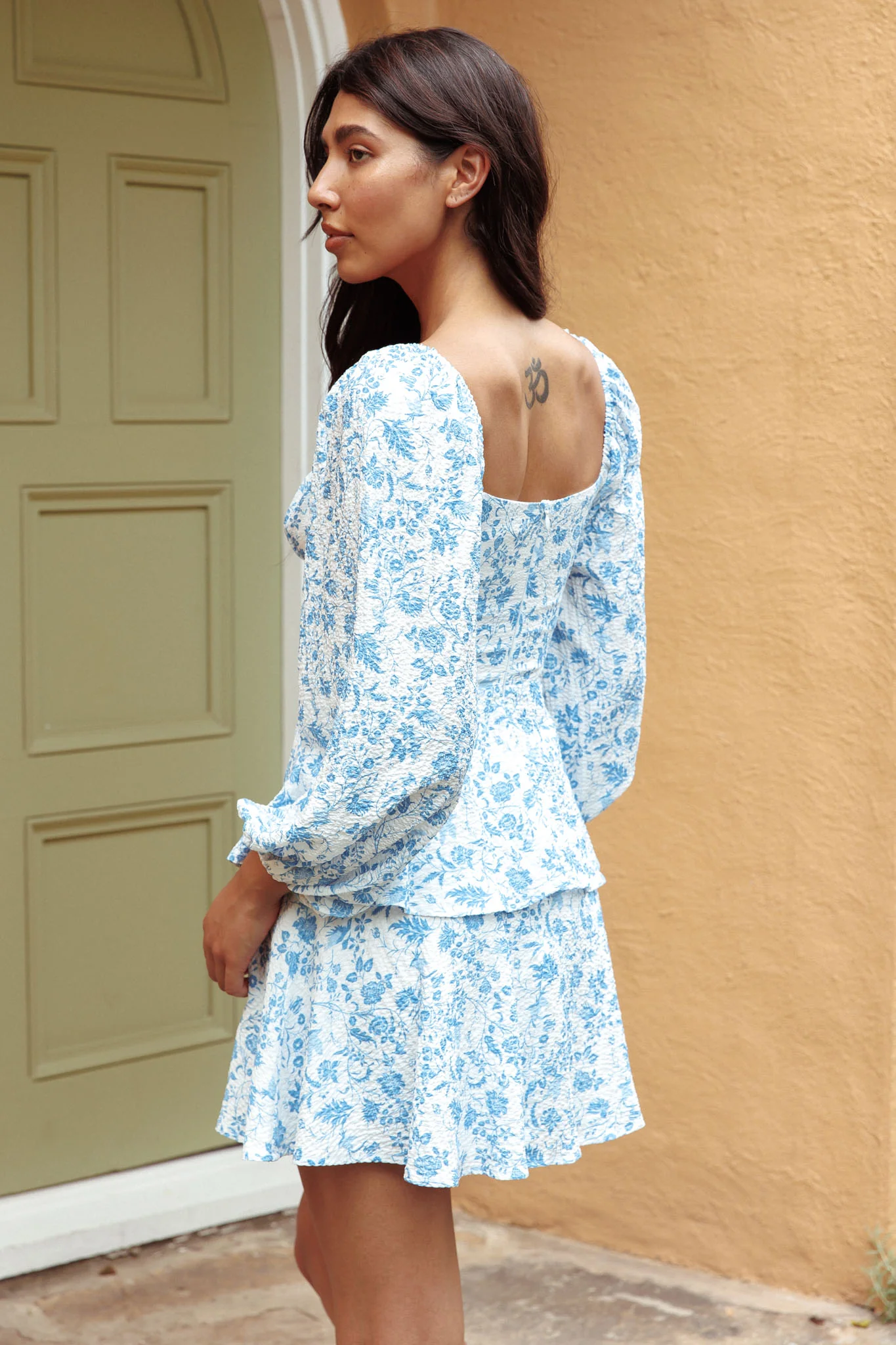 Provence Bloom Long Sleeve Mini Dress Floral Blue - Image 2