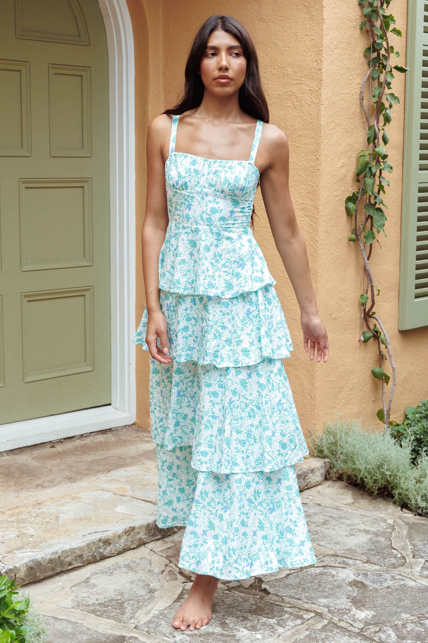 Provence Bloom Tiered Midi Dress Floral Green - Image 4