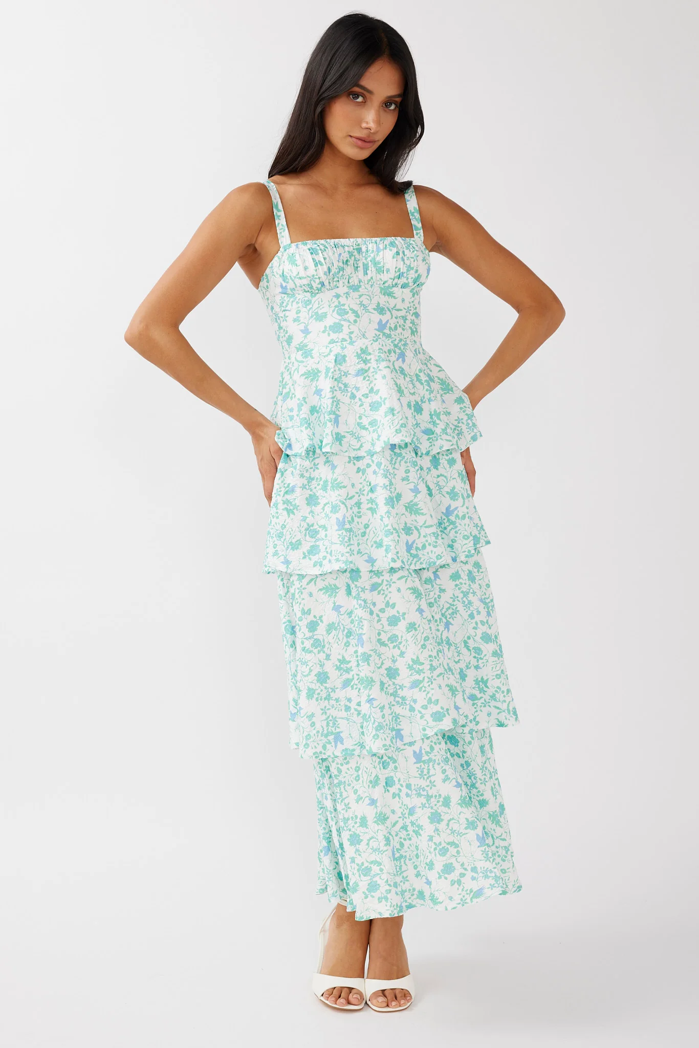 Provence Bloom Tiered Midi Dress Floral Green - Image 9