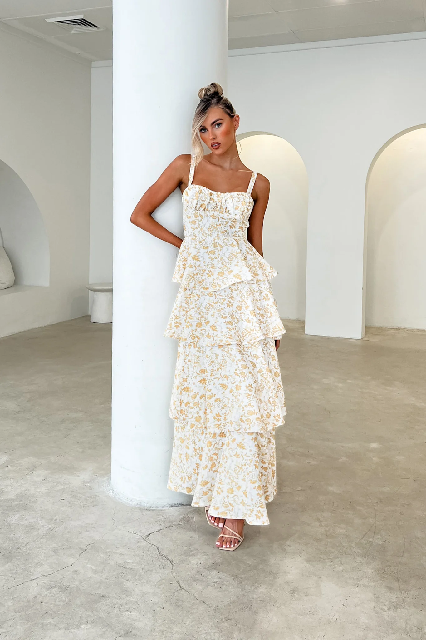 Provence Bloom Tiered Midi Dress Floral Yellow - Image 2