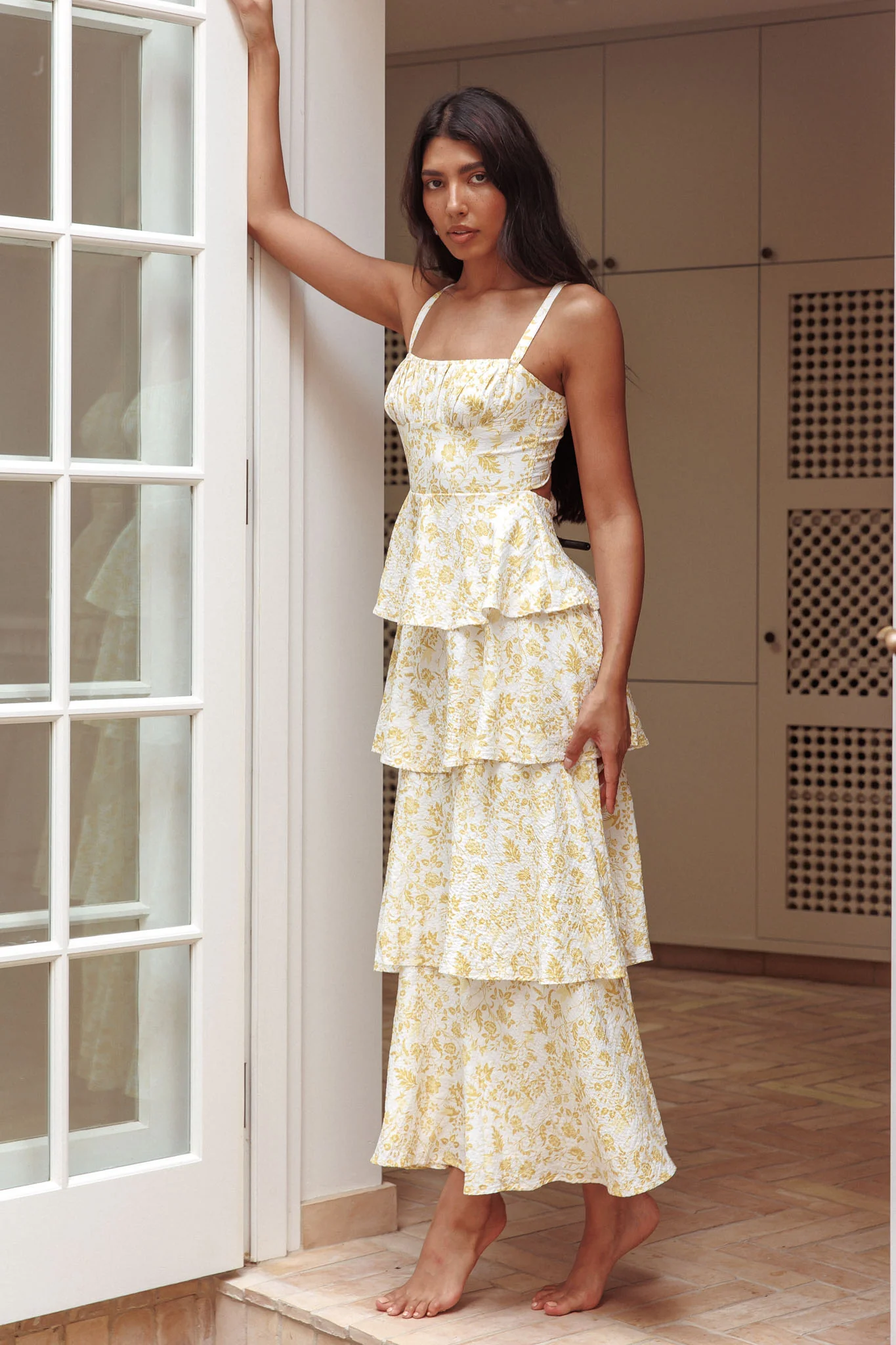 Provence Bloom Tiered Midi Dress Floral Yellow - Image 5