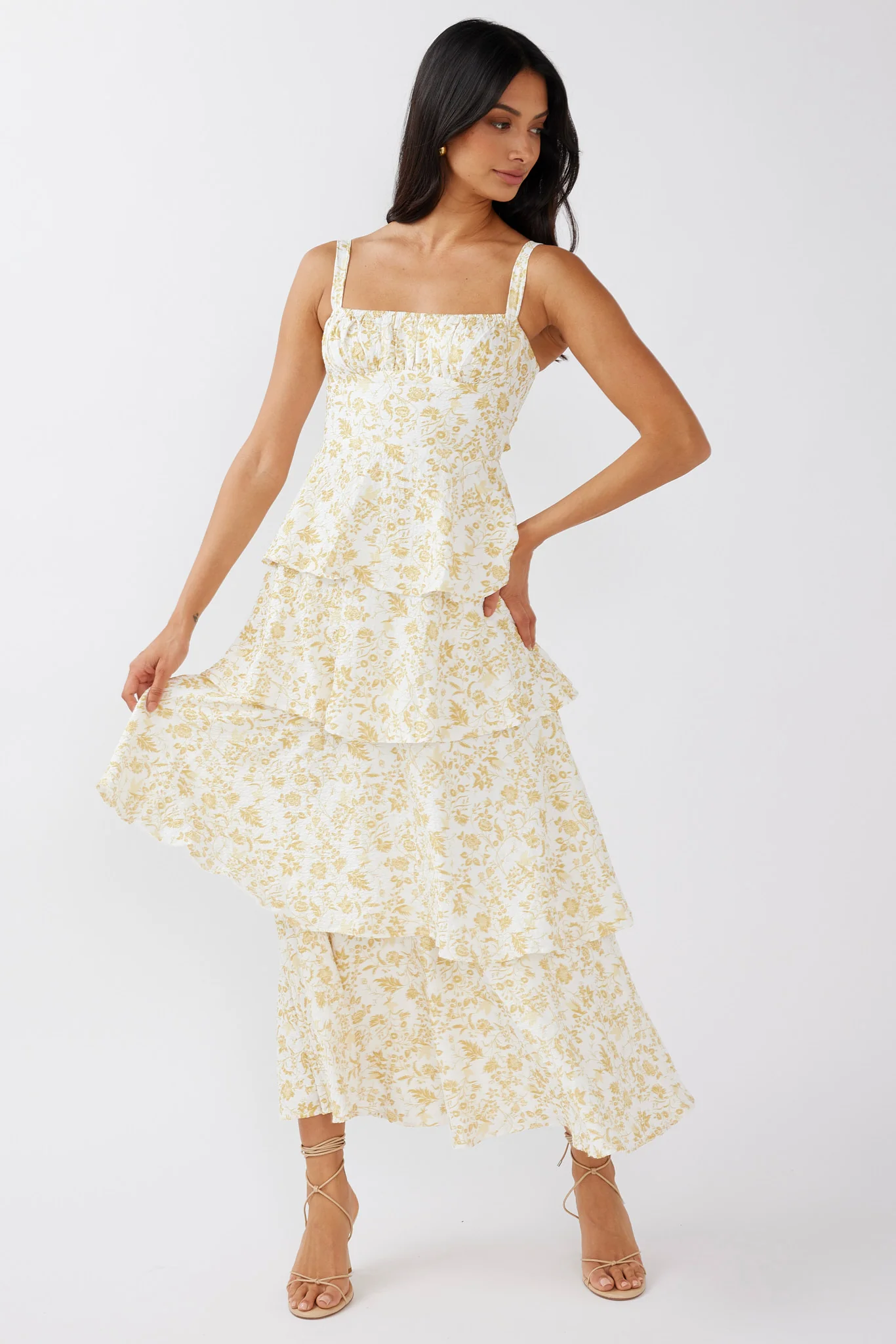 Provence Bloom Tiered Midi Dress Floral Yellow - Image 7