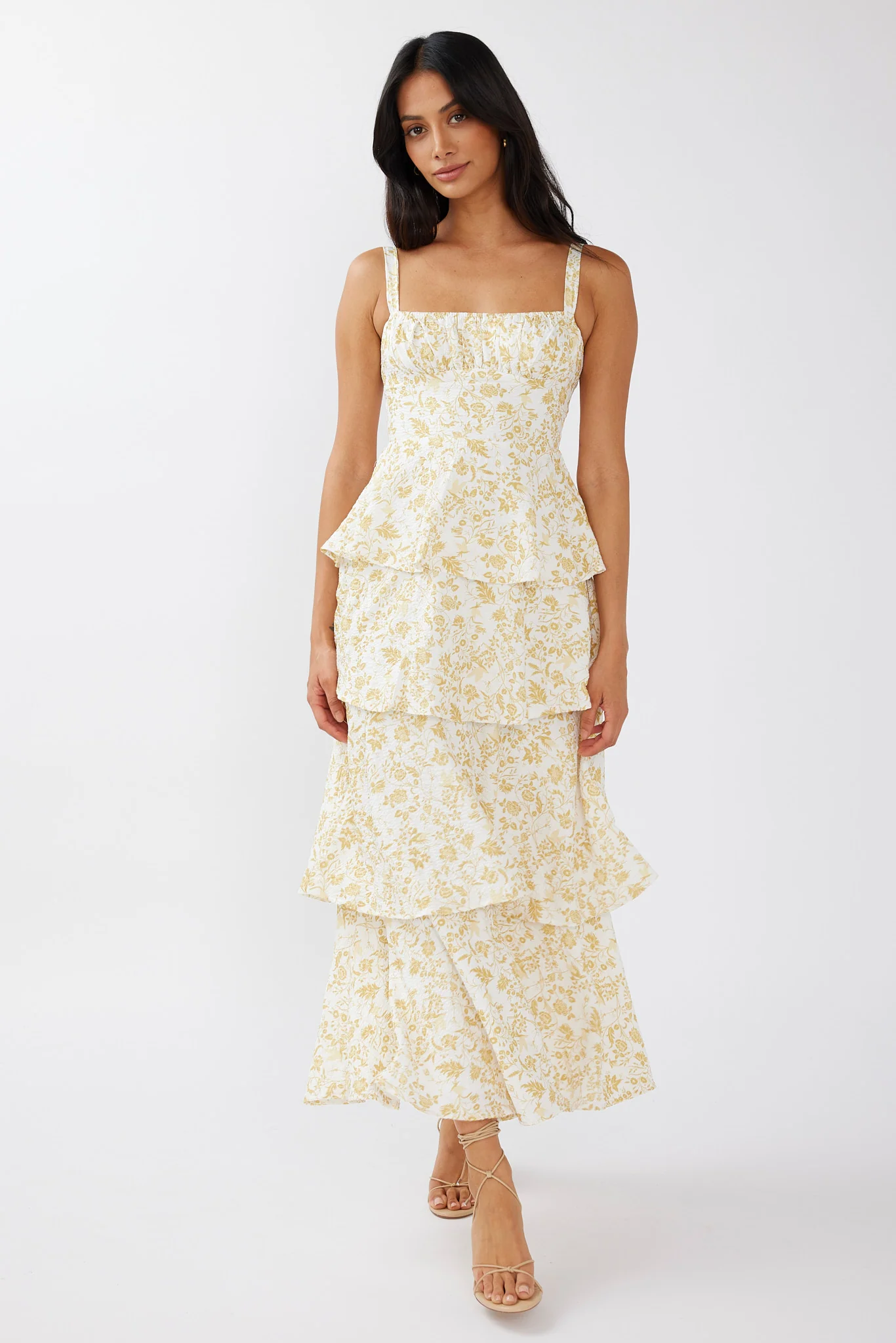 Provence Bloom Tiered Midi Dress Floral Yellow - Image 9