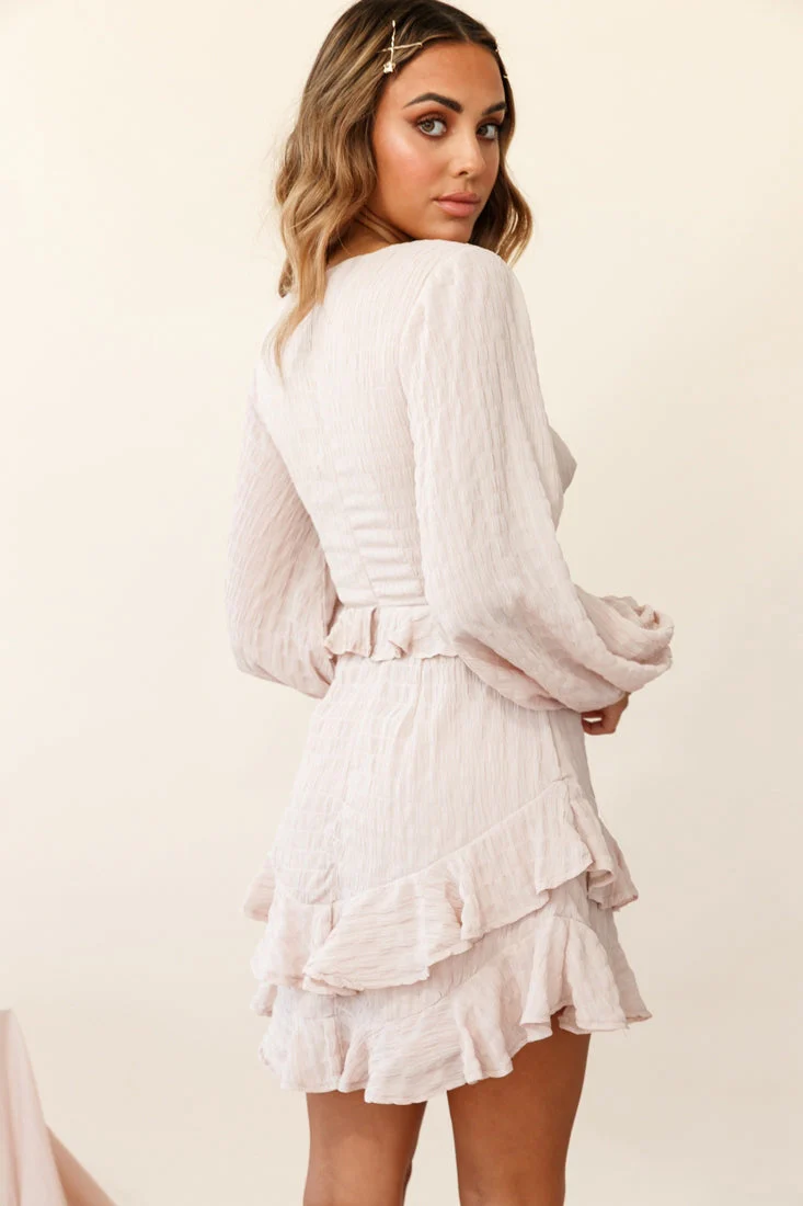 Queenie Long Balloon Sleeve Ruffle Trim Dress Beige - Image 3