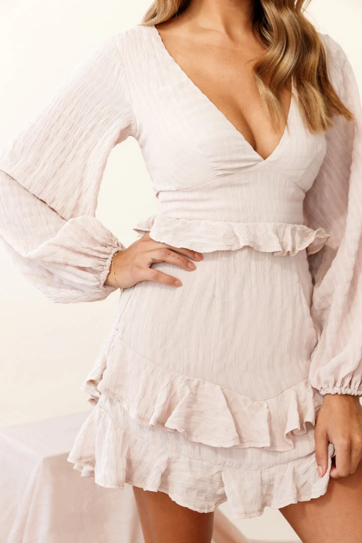Queenie Long Balloon Sleeve Ruffle Trim Dress Beige - Image 4