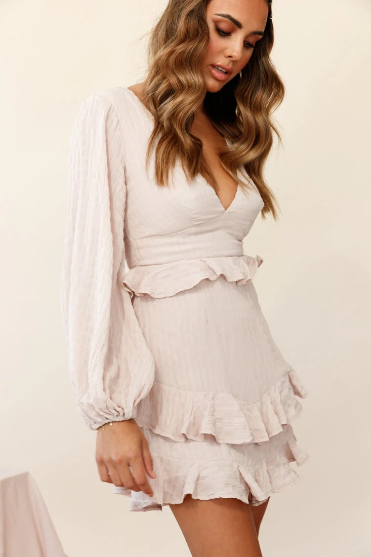 Queenie Long Balloon Sleeve Ruffle Trim Dress Beige - Image 5
