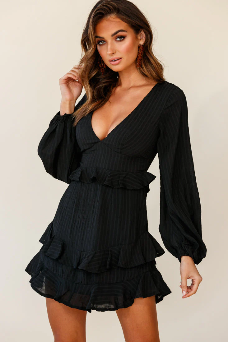 Queenie Long Balloon Sleeve Ruffle Trim Dress Black - Image 2