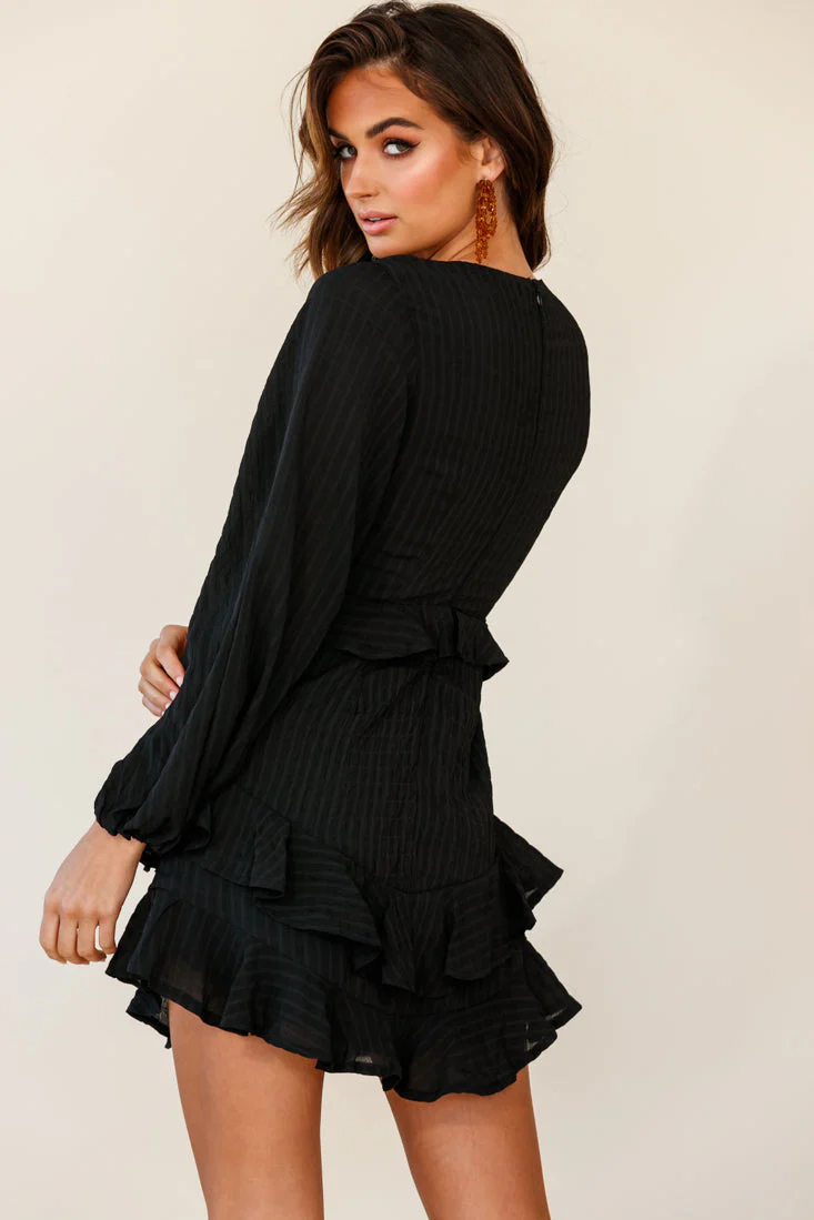 Queenie Long Balloon Sleeve Ruffle Trim Dress Black - Image 3
