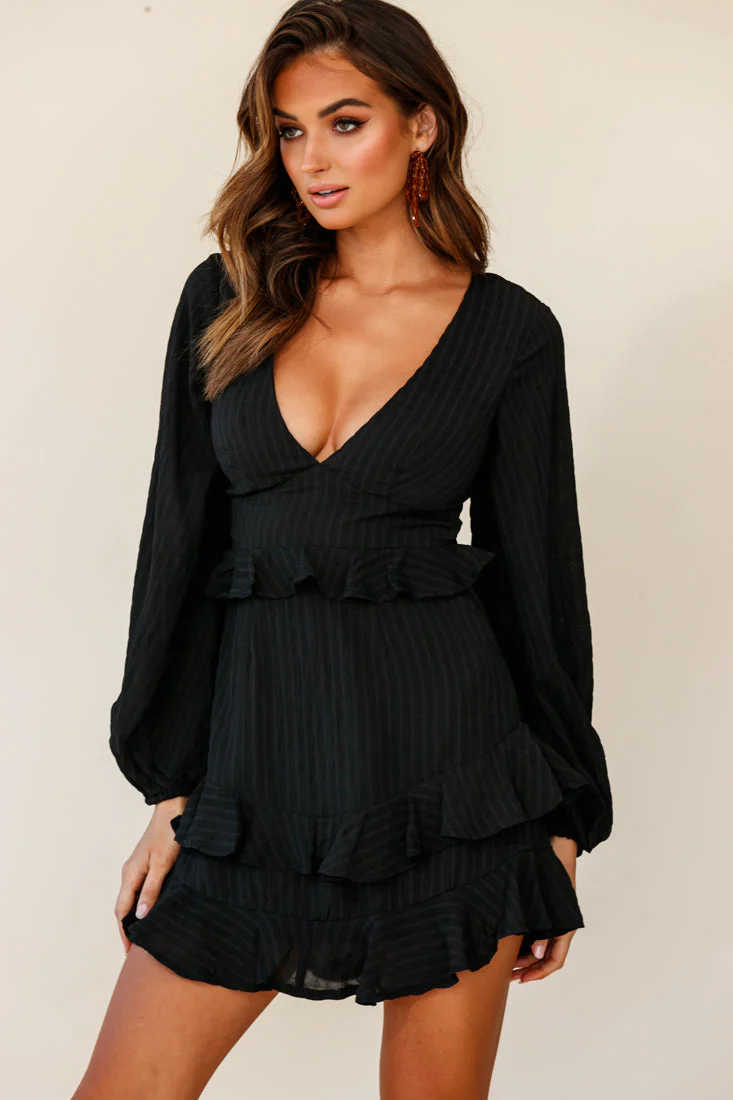 Queenie Long Balloon Sleeve Ruffle Trim Dress Black - Image 7