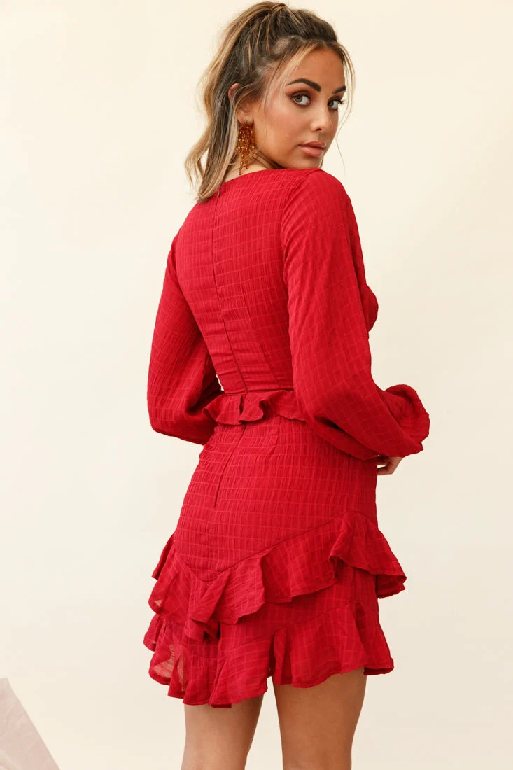 Queenie Long Balloon Sleeve Ruffle Trim Dress Wine - Image 4