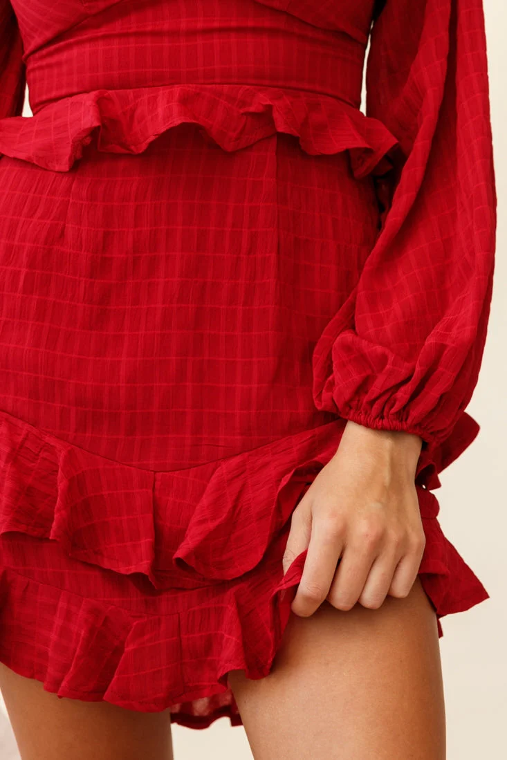 Queenie Long Balloon Sleeve Ruffle Trim Dress Wine - Image 5