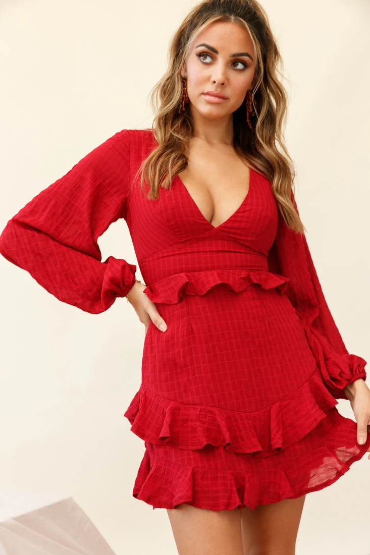 Queenie Long Balloon Sleeve Ruffle Trim Dress Wine - Image 7
