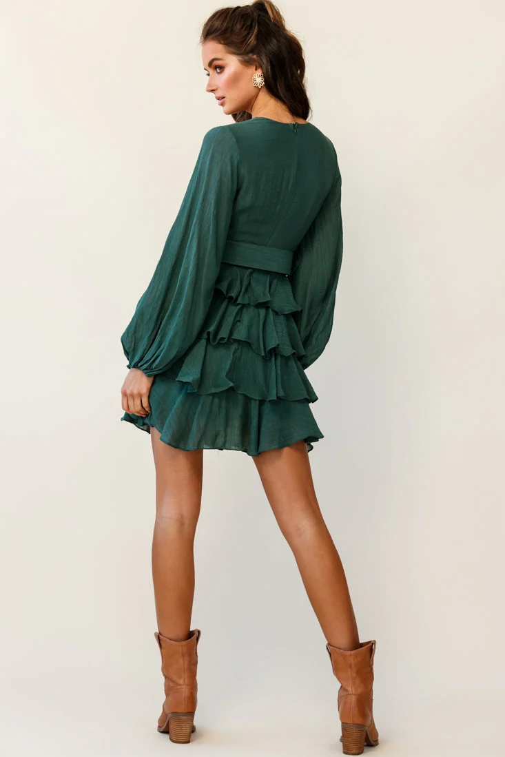 Queensland Balloon Sleeve Tiered Frill Belt Dress Green - Image 3