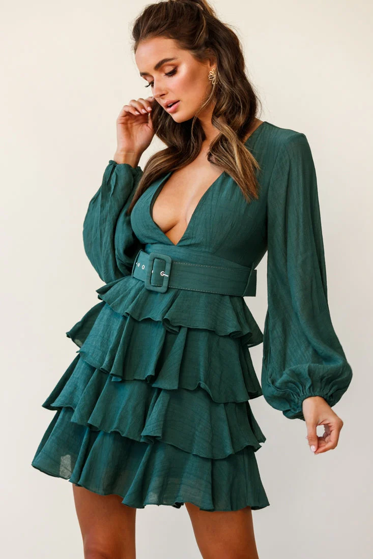Queensland Balloon Sleeve Tiered Frill Belt Dress Green - Image 6