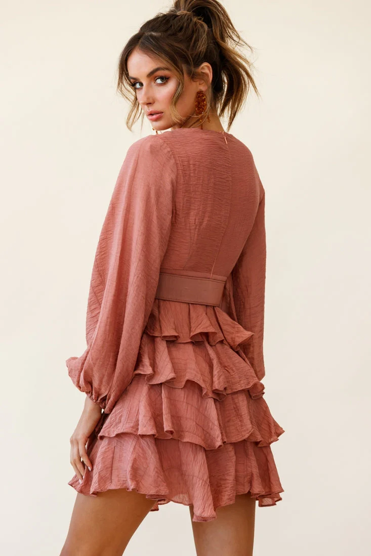 Queensland Balloon Sleeve Tiered Frill Belt Dress Rose - Image 3