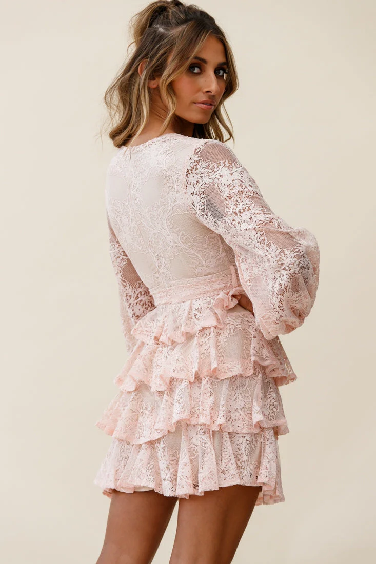 Queensland Balloon Sleeve Tiered Frill Lace Dress Pink - Image 7