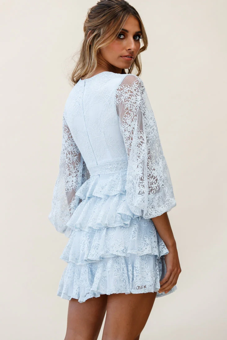 Queensland Balloon Sleeve Tiered Frill Lace Dress Steel Blue - Image 4