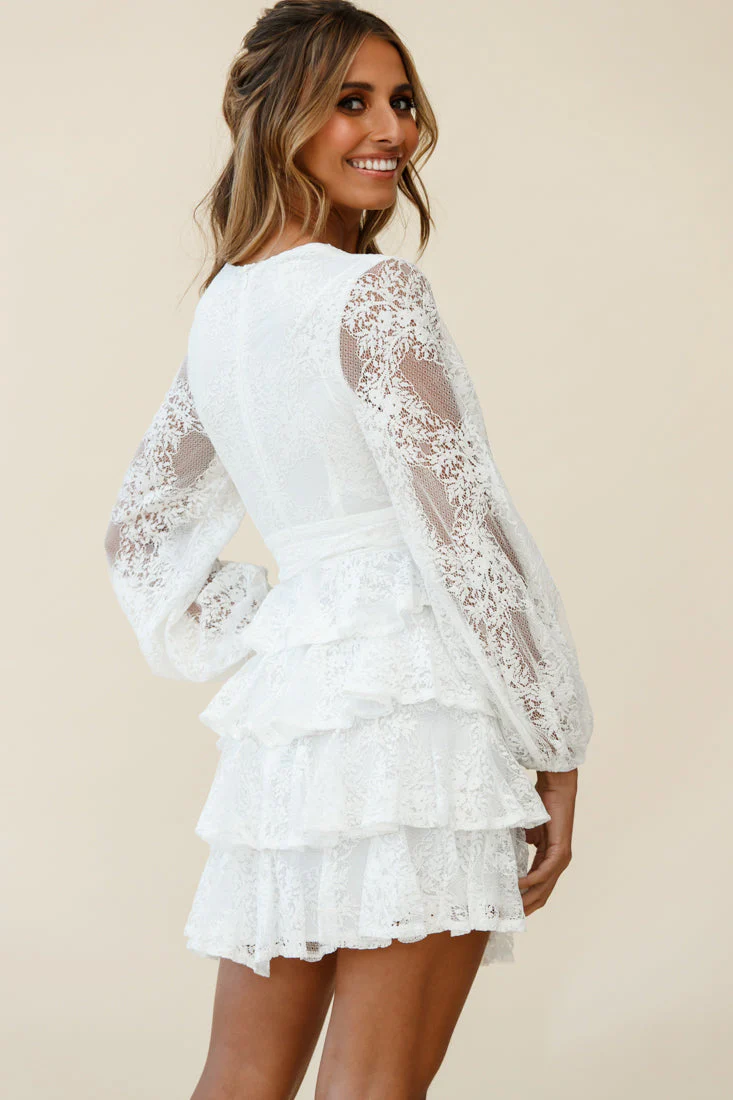 Queensland Balloon Sleeve Tiered Frill Lace Dress White - Image 3