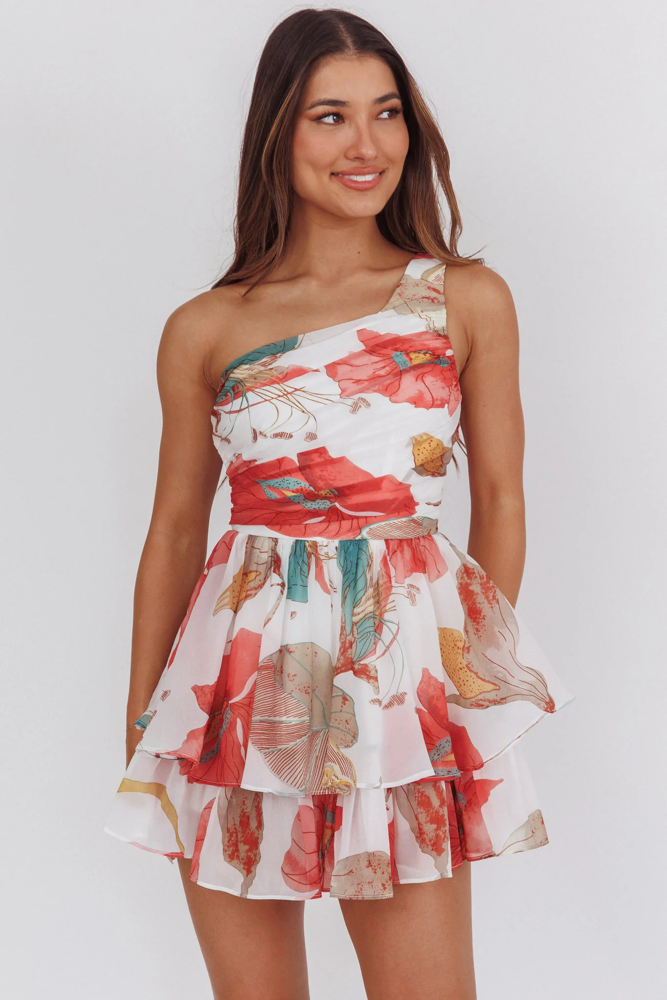 Raelene One-Shoulder Ruffle Romper Floral Red - Image 5