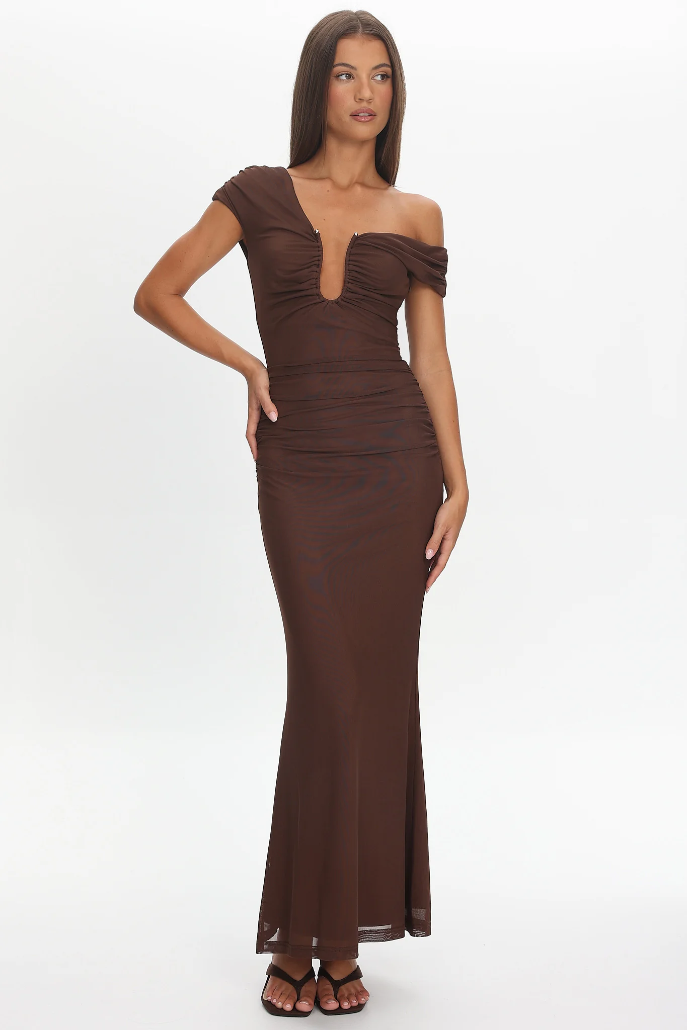 Raeva Ruched U-Neckline Maxi Dress Chocolate - Image 5