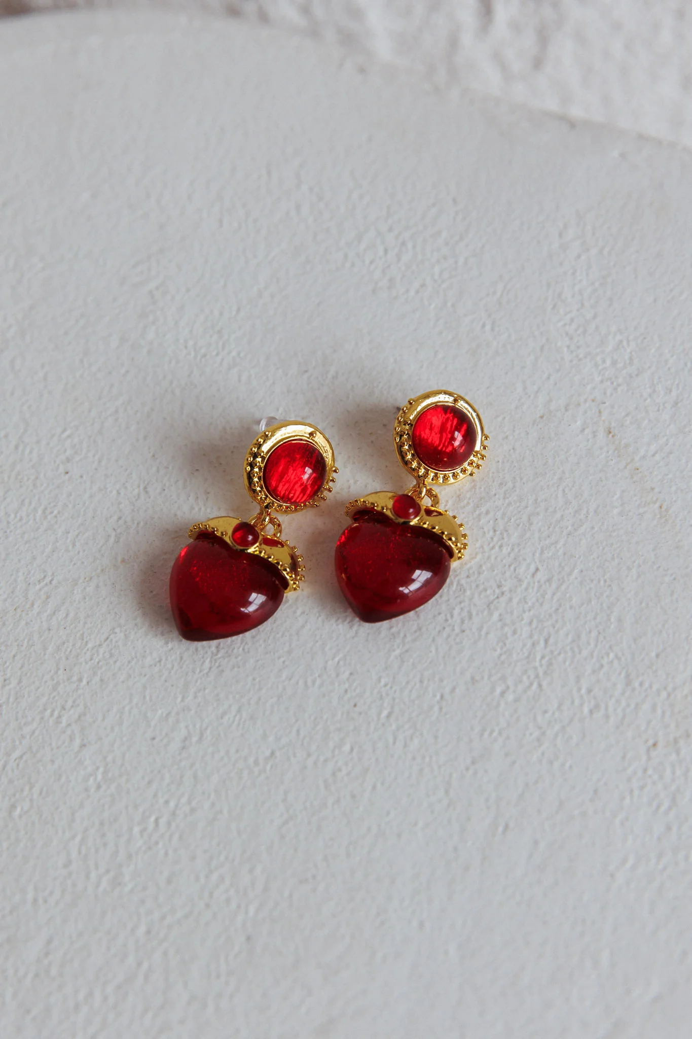 Raja Puffed Red Heart Earrings Gold - Image 2