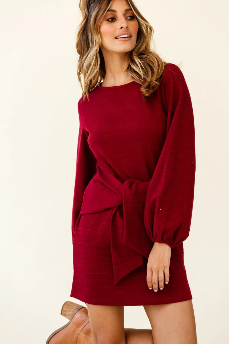 Rapt Waist Tie Balloon Sleeve Knit Dress Wine - Image 4