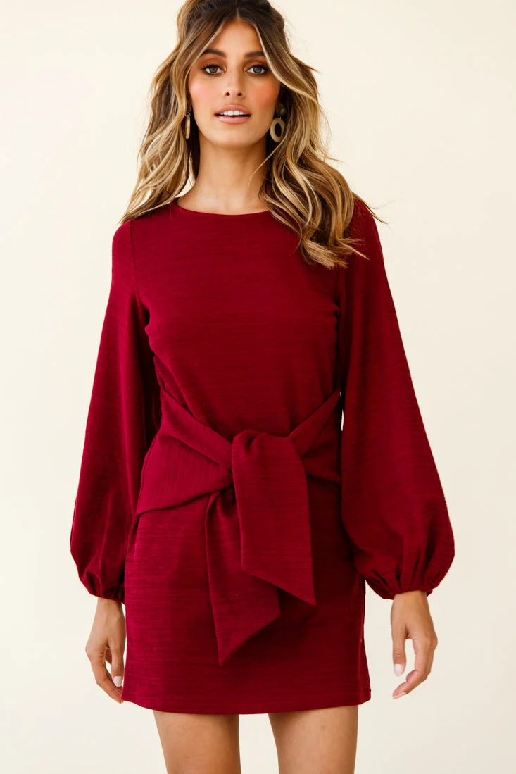 Rapt Waist Tie Balloon Sleeve Knit Dress Wine - Image 5