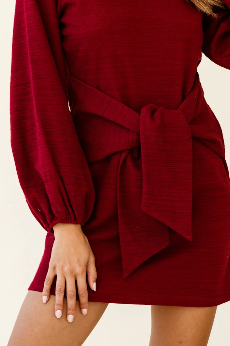 Rapt Waist Tie Balloon Sleeve Knit Dress Wine - Image 7