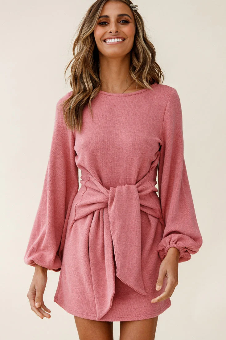 Rapt Waist Tie Knit Dress Rose - Image 4