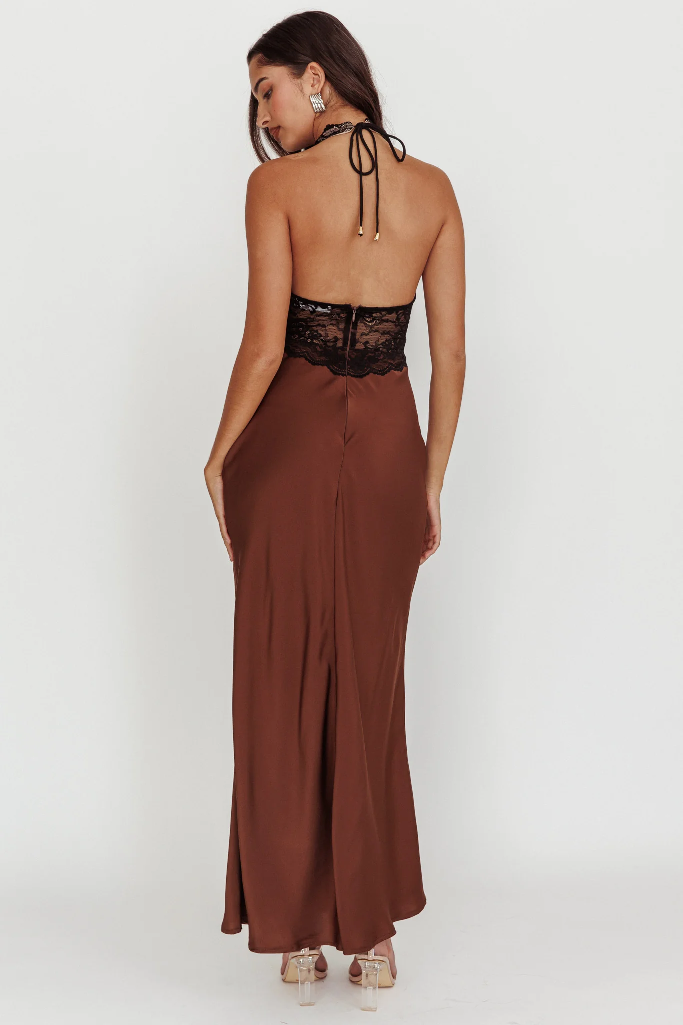 Rarity Satin Lace Halterneck Maxi Dress Coffee - Image 2