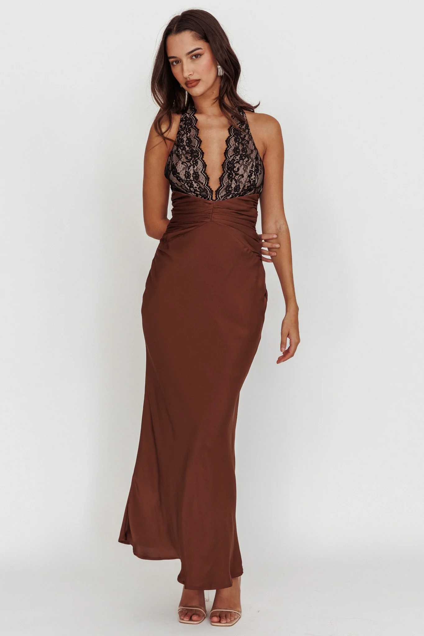 Rarity Satin Lace Halterneck Maxi Dress Coffee - Image 3