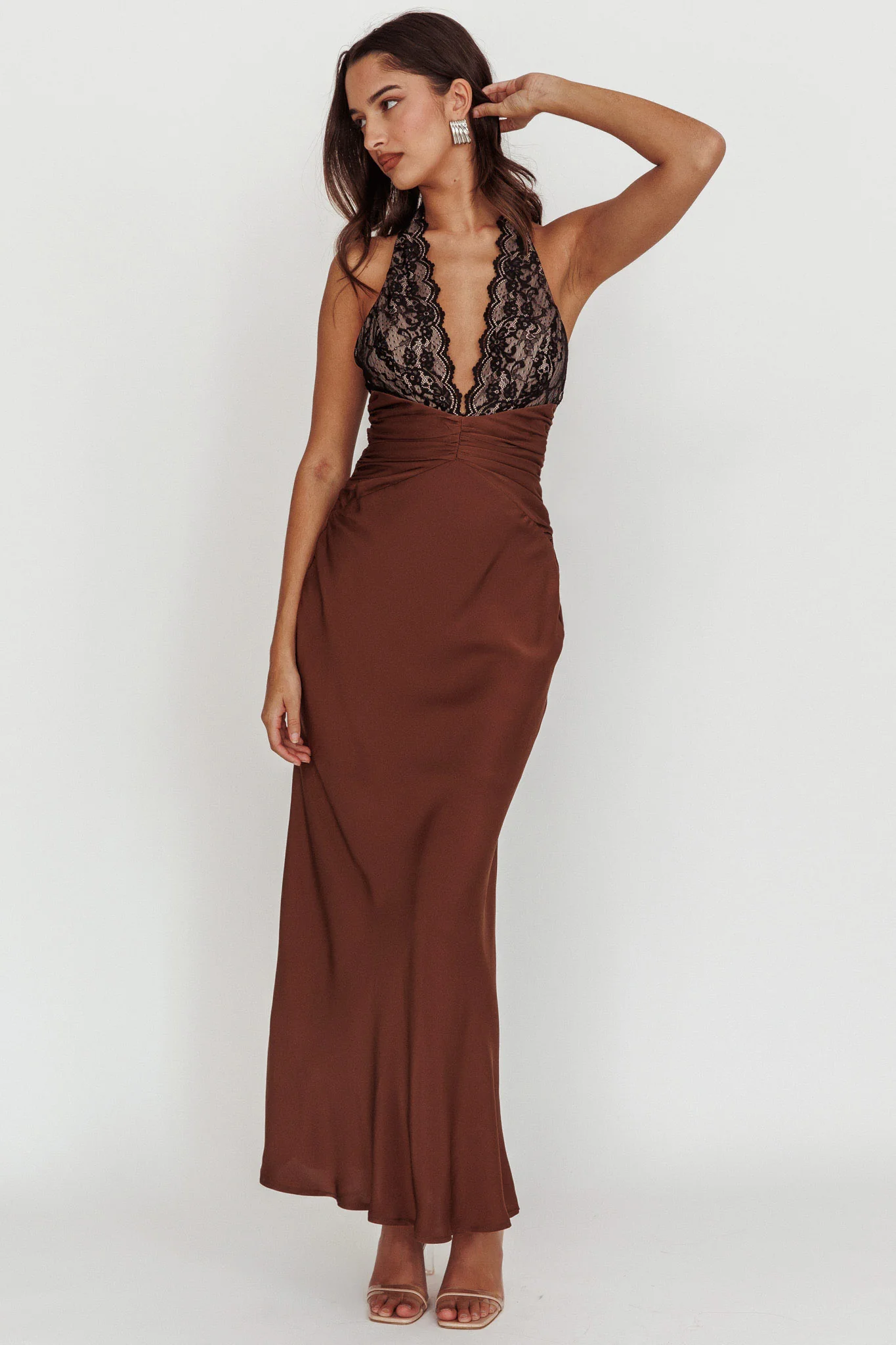 Rarity Satin Lace Halterneck Maxi Dress Coffee - Image 5