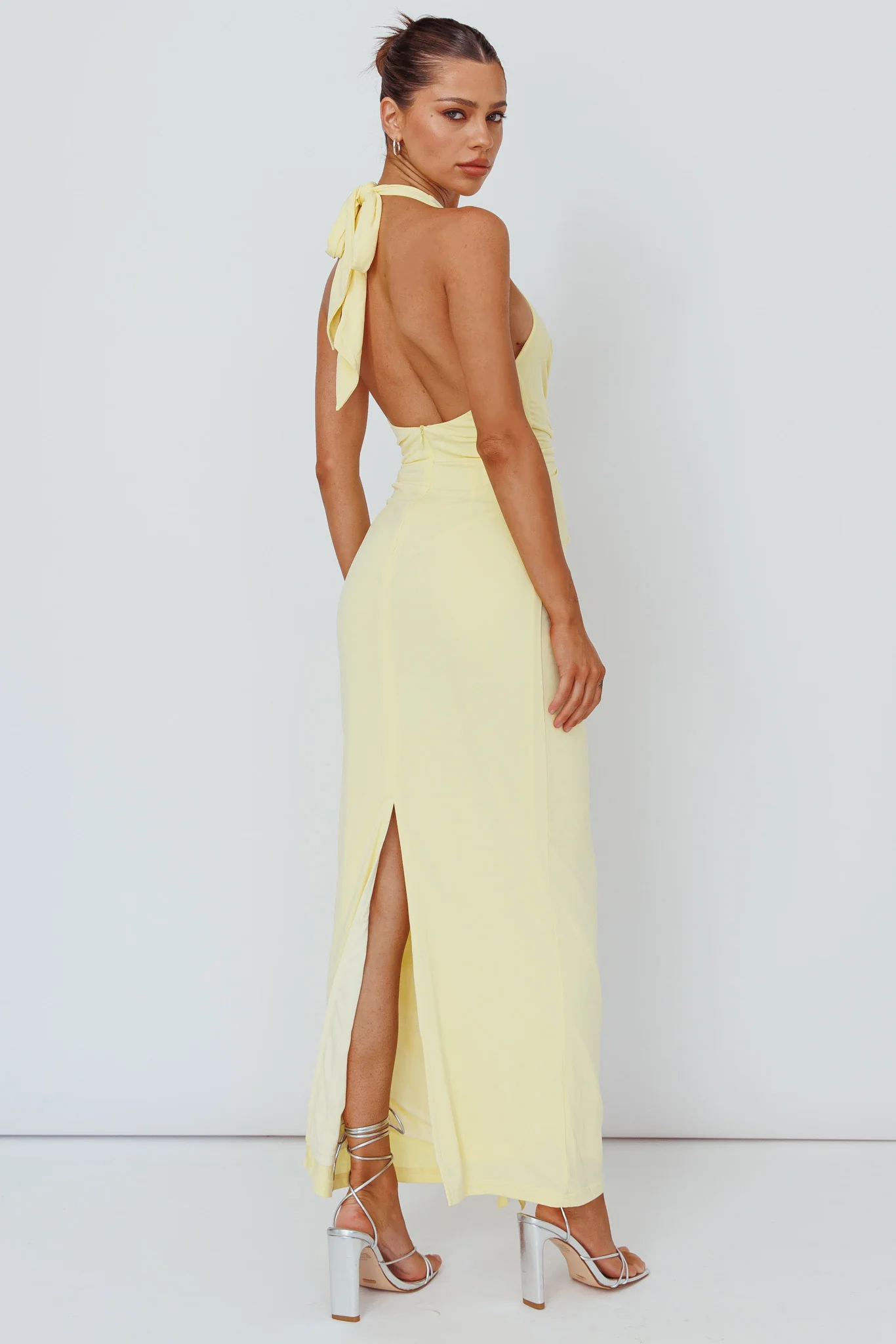 Ray Of Light Ruched Halterneck Maxi Dress Lemon - Image 3