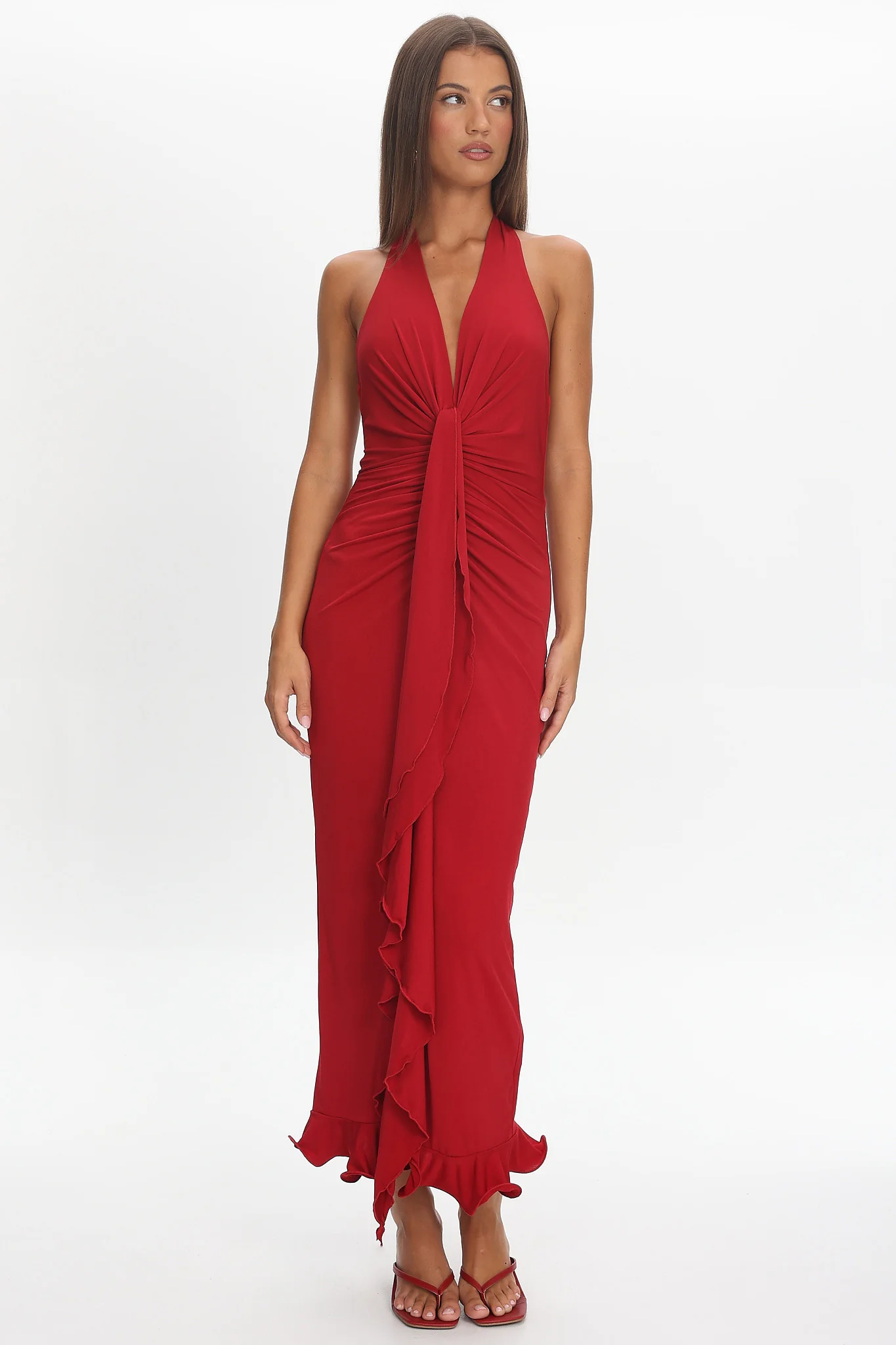 Ray Of Light Ruched Halterneck Maxi Dress Wine - Image 2