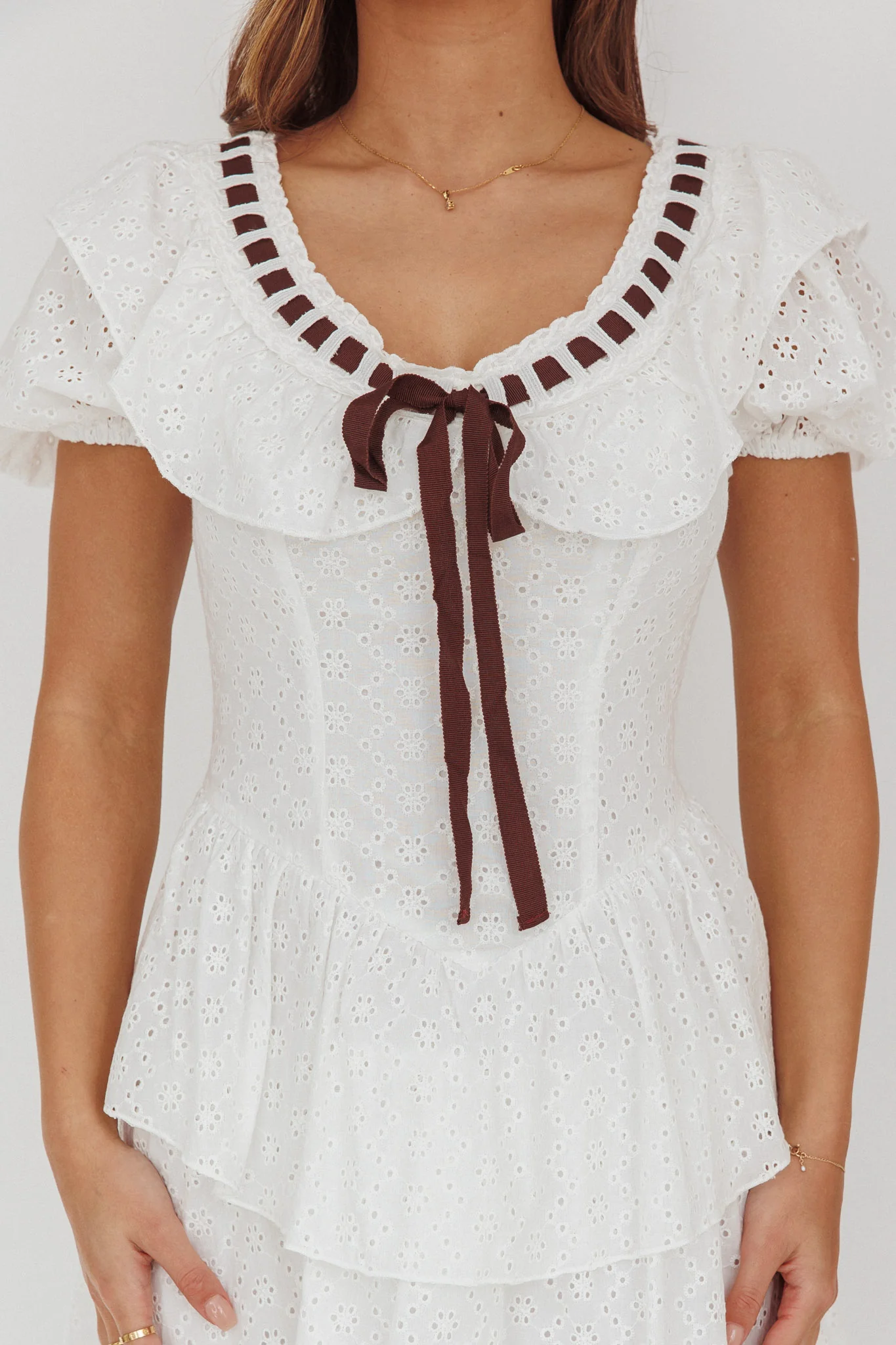 Rayelle Puff Sleeve Ruffle Eyelet Embroidery Mini Dress White - Image 3