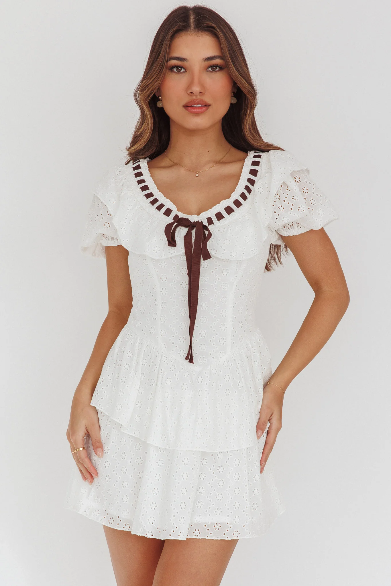 Rayelle Puff Sleeve Ruffle Eyelet Embroidery Mini Dress White - Image 5