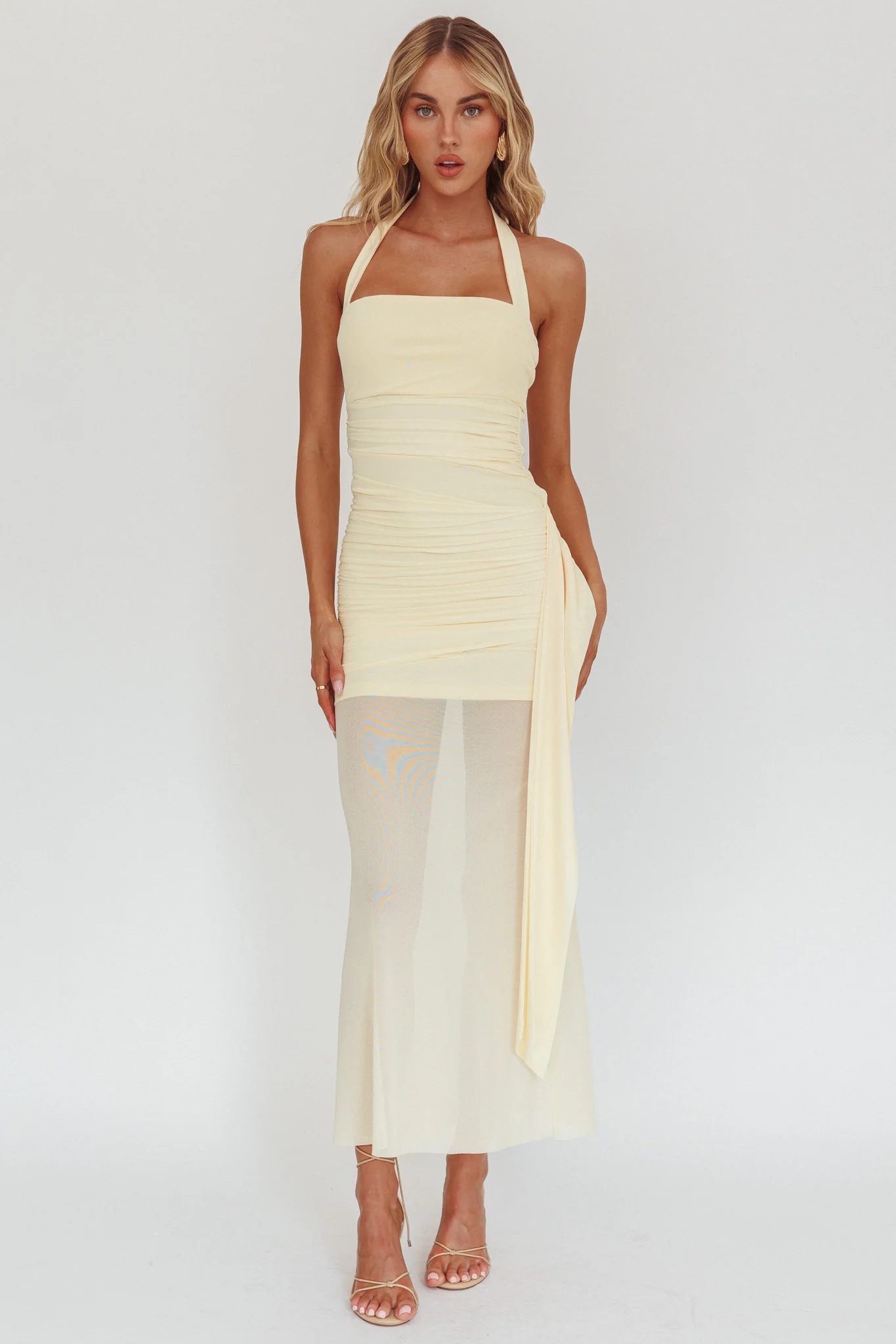 Rebekkah Halterneck Side Sash Maxi Dress Butter - Image 4