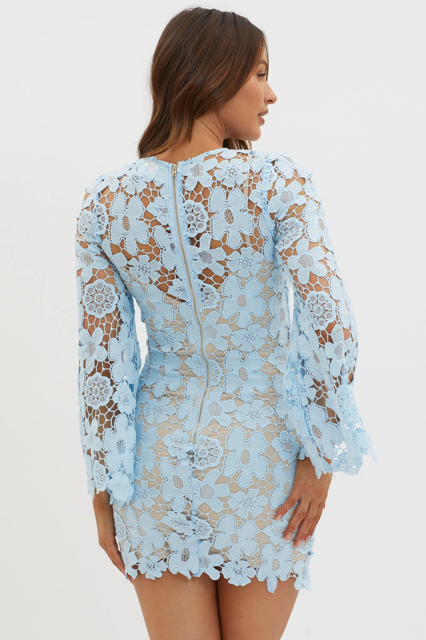 Reinhart Flared Sleeve Crochet Lace Dress Baby Blue - Image 2