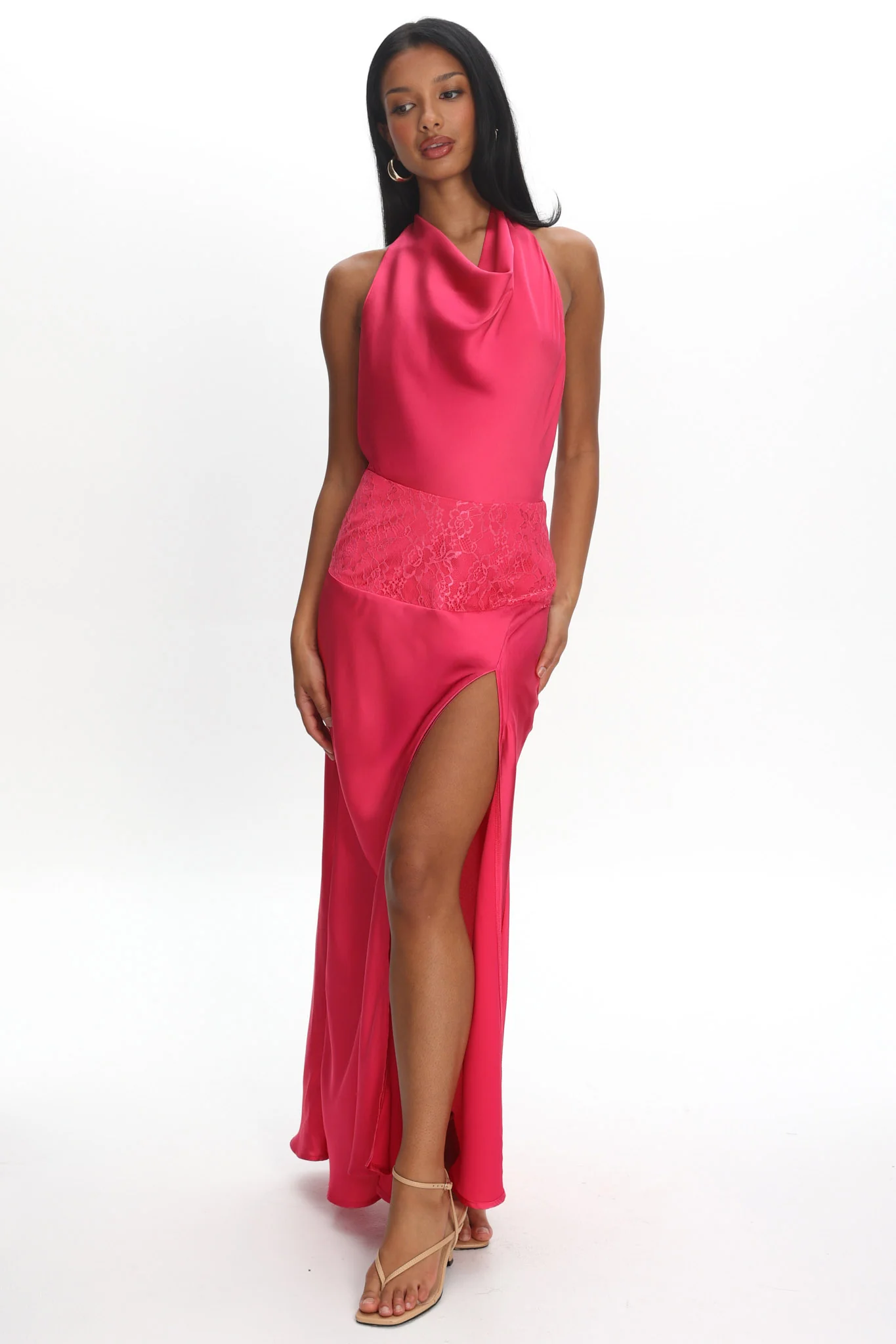 Renara Lace Waist Halter Maxi Dress Pink - Image 2