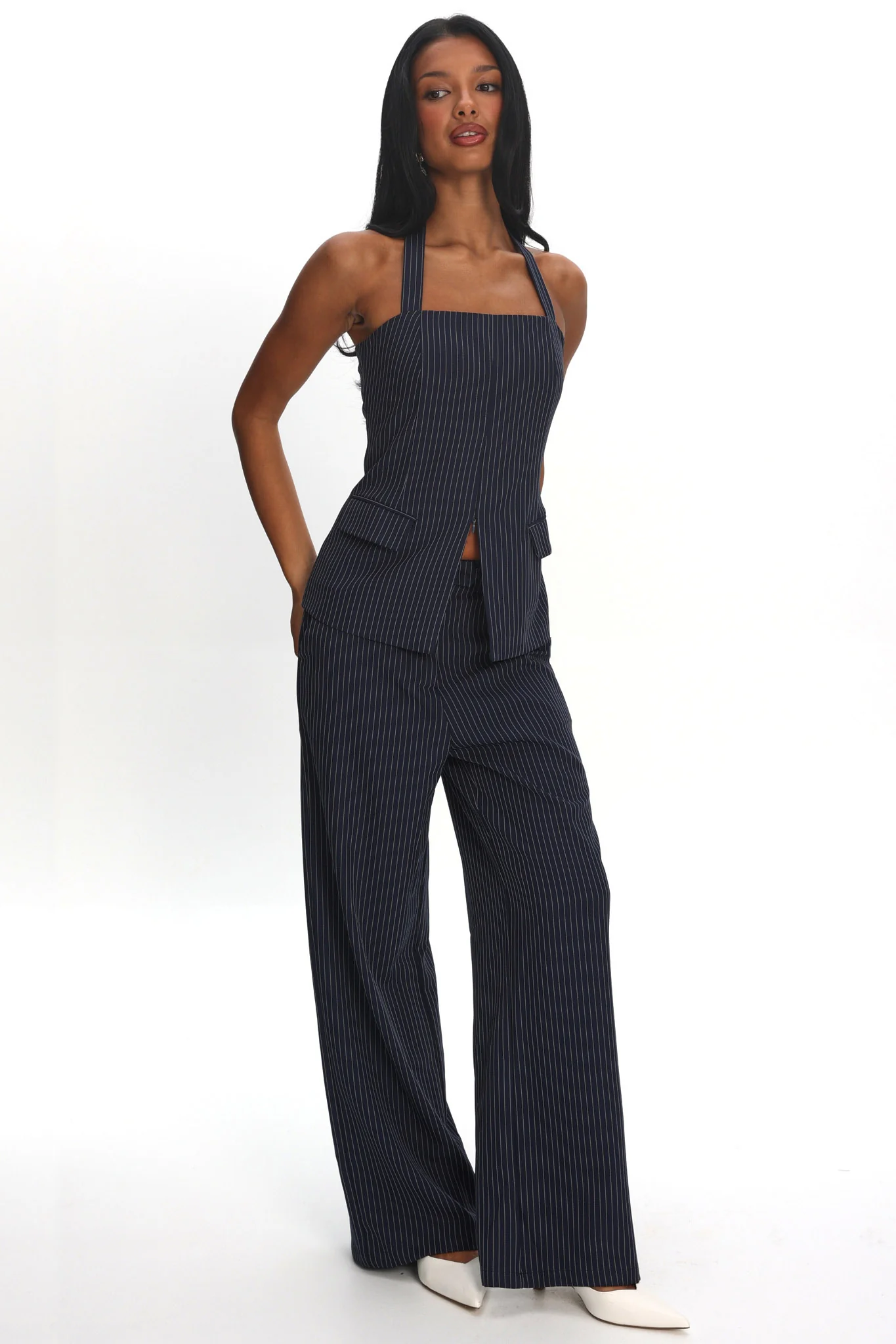 Renee Wide Leg Pants Pinstripe Navy - Image 3