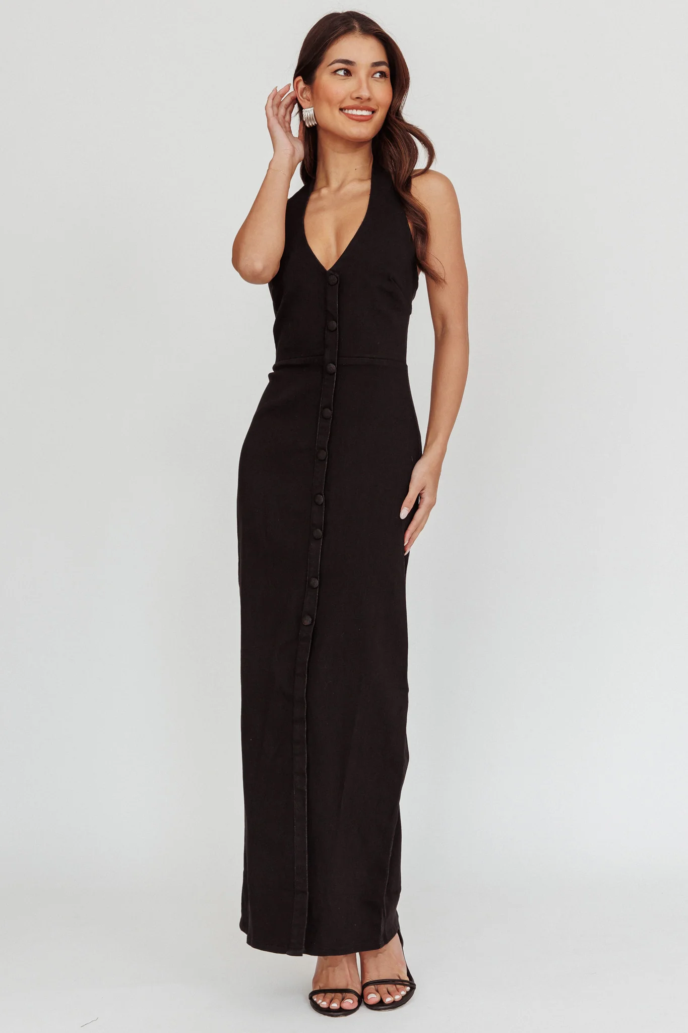 Renita Halterneck Button Maxi Dress Black - Image 3