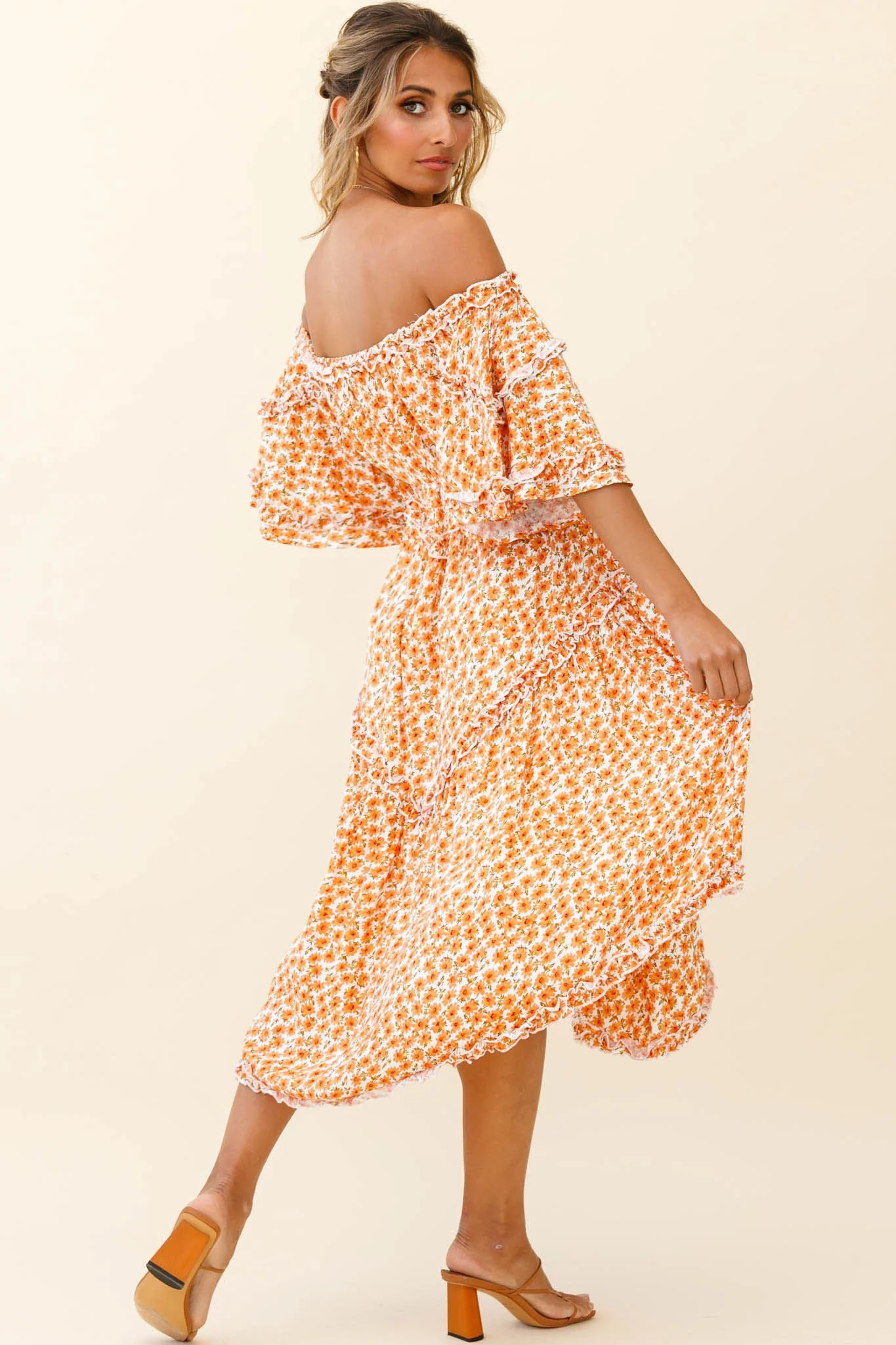 Renoir Off-Shoulder Frill Trim Dress Floral Print Orange - Image 2