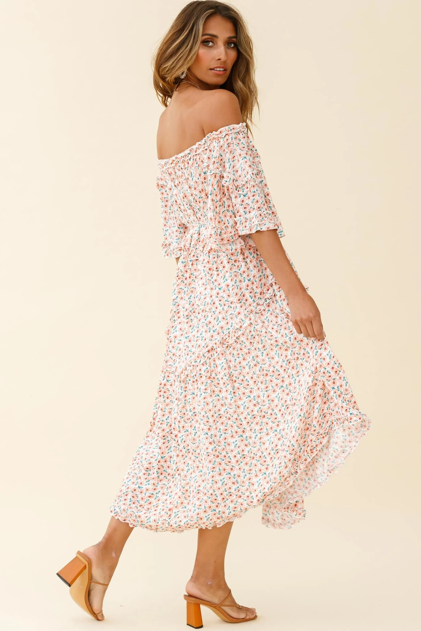 Renoir Off-Shoulder Frill Trim Dress Floral Print Pink - Image 2