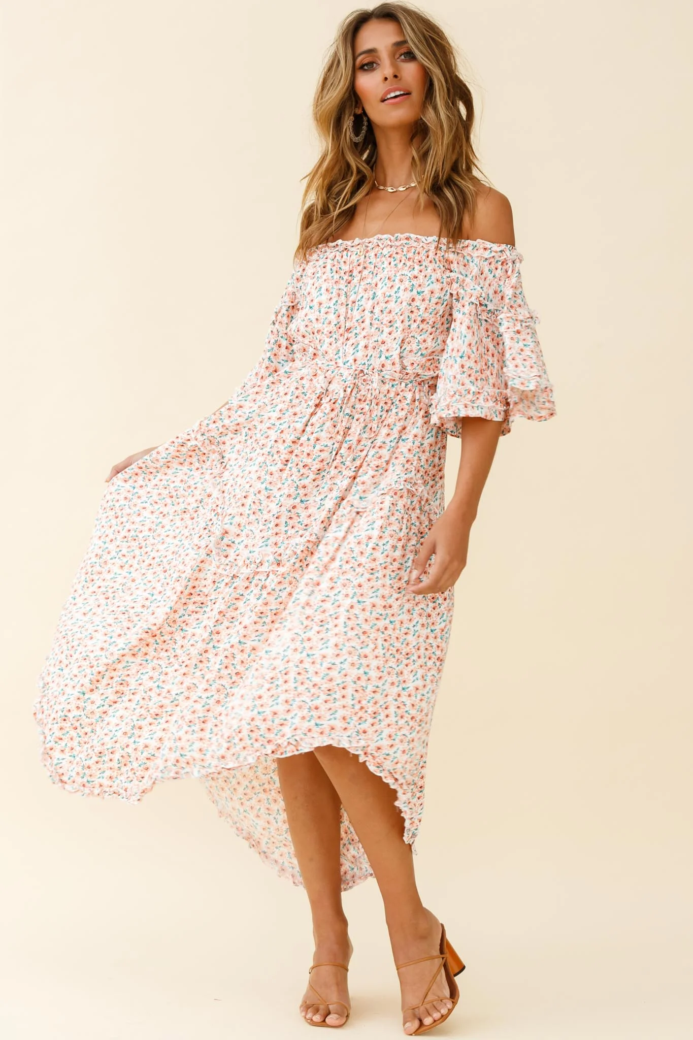 Renoir Off-Shoulder Frill Trim Dress Floral Print Pink - Image 3