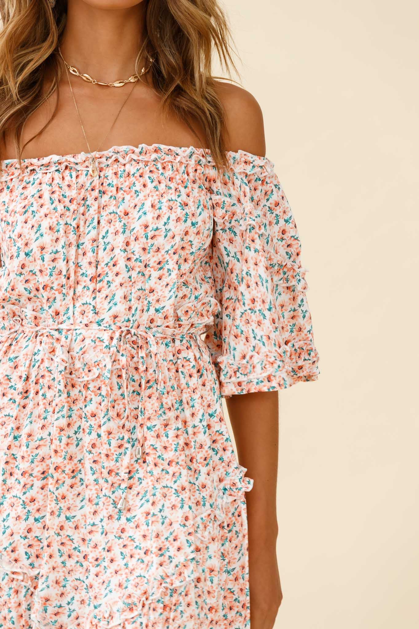 Renoir Off-Shoulder Frill Trim Dress Floral Print Pink - Image 4