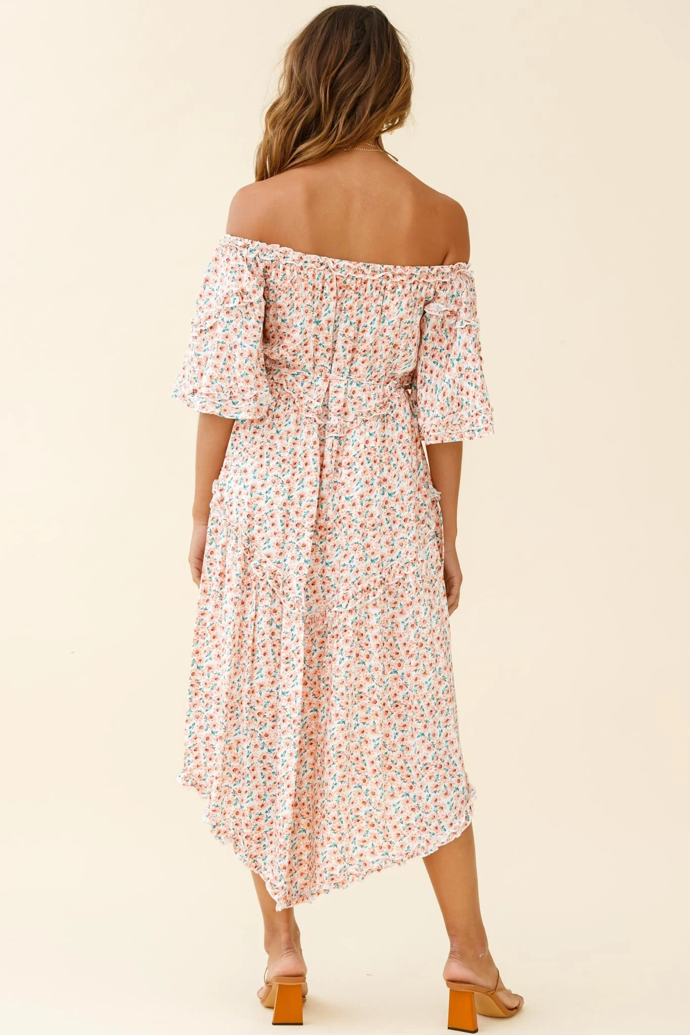 Renoir Off-Shoulder Frill Trim Dress Floral Print Pink - Image 5