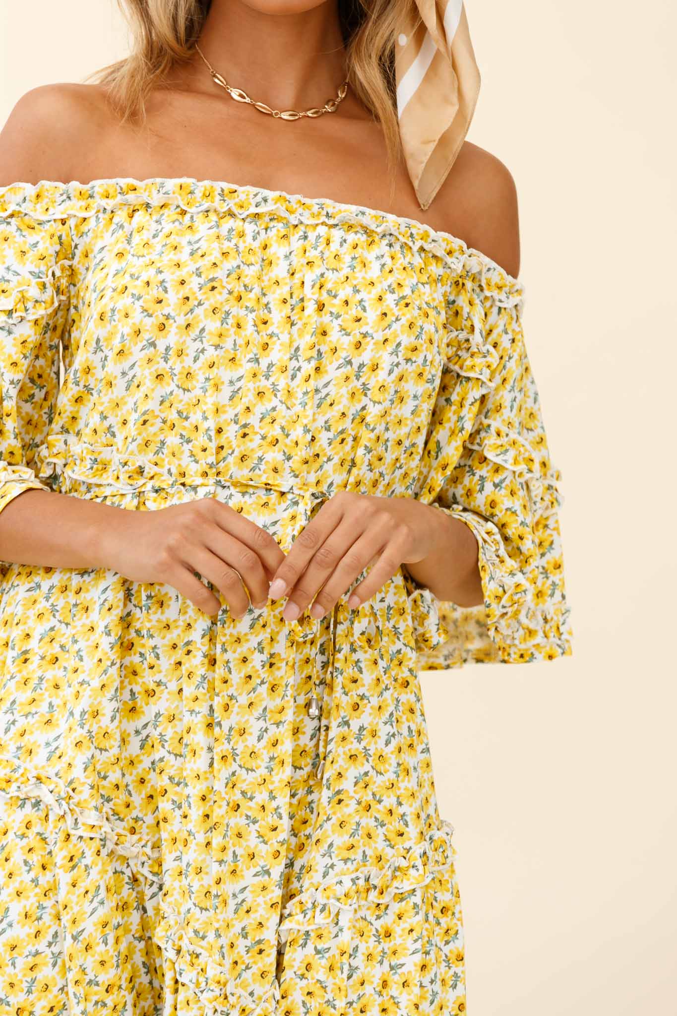 Renoir Off-Shoulder Frill Trim Dress Floral Print Yellow - Image 4